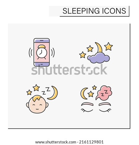 Sleeping color icons set. Nighttime with moon, stars and cloud. Alarm clock. Sleep in comfortable bed. Deep resting concept. Isolated vector illustrations