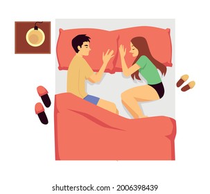 Sleeping in comfortable position couple of girl and guy. Night pose for relaxation, rest and dreaming on pillow under blanket in cozy bed. Vector flat illustration isolated on white