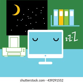 Sleeping computer in the office. Go green concept. Save energy. Sleeping computer icon. Vector illustration. 