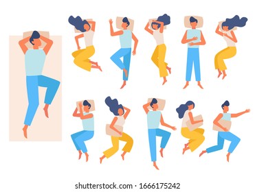 sleeping couple. family characters have a rest in band night relax different poses. vector male female sleeping top view