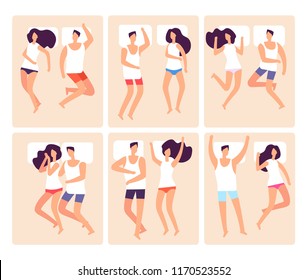 Sleeping couple. Man and woman sleep in various poses. Young family lying in comforting bed vector set. Pose dream position, rest and sleep night illustration