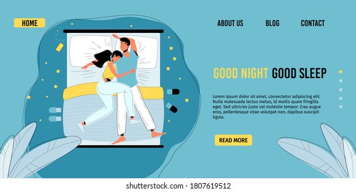 Sleeping couple. Man woman wearing pajamas lying together sleep in comfortable bed. Young family in pose dream position, rest and fall asleep at good night. Daily life. Landing page design template