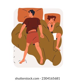 Sleeping couple, top view. Asleep man and woman in belly and fetal positions. Family dreaming, reposing at night. Husband and wife uncovered. Flat vector illustration isolated on white background