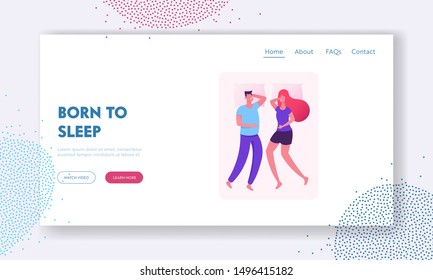 Sleeping Couple Website Landing Page. Man and Woman Relaxing on Back. Young Family Lying in Comforting Bed, Dream Position for Rest and Night Sleep Web Page Banner. Cartoon Flat Vector Illustration
