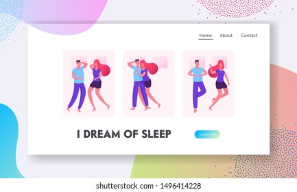 Sleeping Couples Website Landing Page. Young Man and Woman Lying on Bed in Different Positions for Sleep and Relax. Wife and Husband Having Leisure Web Page Banner. Cartoon Flat Vector Illustration