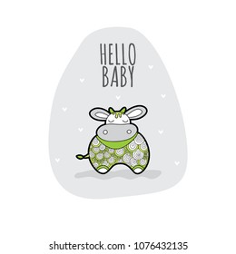 Sleeping cow with the words hello baby vector illustration on a pale grey background with hearts