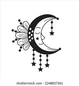Sleeping crescent in boho doodle style. Cute and elegant celestial vector illustration. Black and white decorative moon print, tattoo, sacred element decorated with stars and flower