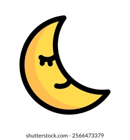 Sleeping crescent cartoon moon icon. Bedtime, night, sweet dream concepts. Colored outline character vector design isolated illustration. 