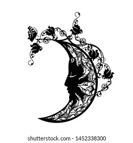 sleeping crescent moon among rose flowers and butterfly - sweet dreams concept black and white vector design