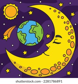 Sleeping Crescent Moon Colored Cartoon