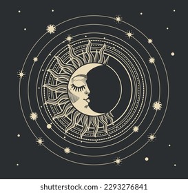 Sleeping crescent moon with face on black background with stars, zodiac sign, boho horoscope, hand drawn vector illustration, sticker, tattoo.