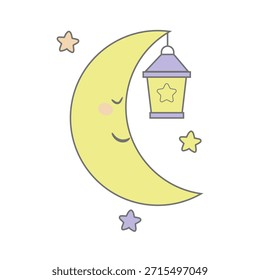 Luna creciente durmiente con la linterna colgante y las estrellas pastel Clipart del vivero