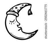 Sleeping crescent moon in a nightcap hand drawn doodle. Heavenly satellite of the earth. Time to sleep. Vector outline line art illustration.