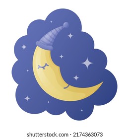 Sleeping crescent moon in a nightcap on the night sky with stars, vector cartoon isolated illustration or banner.