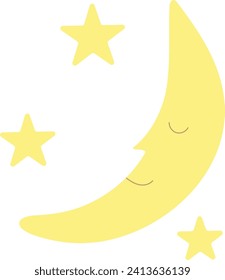 Sleeping crescent moon with two stars, cute simple cartoon, good night theme. Smiling moon and stars, bedtime nursery decor vector illustration.