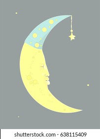 Sleeping crescent wearing a nightcap.Stylized vector illustration of a moon with face.