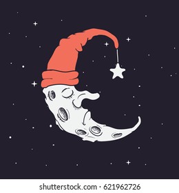 sleeping crescent.Abstract moon at the night sky dressed in hat.Childish vector illustration