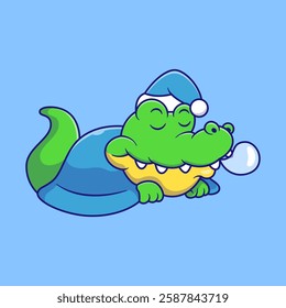 Sleeping Crocodile Wearing Blanket And Hat Cartoon Vector Illustration. Animal Nature Concept. Flat Cartoon Outline Style.