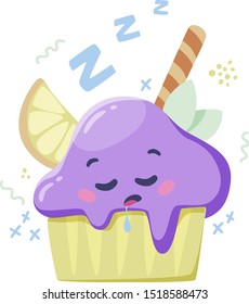 Sleeping cupcake with lemon and mint. Cute emoticon. Vector illustration on the white background