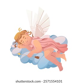 Sleeping cupid or love angel with arrow. Vector romantic holiday card or valentine s day greeting symbol. Eros with wings or cartoon amor for wedding or relationship emblem. Loving sentiment baby