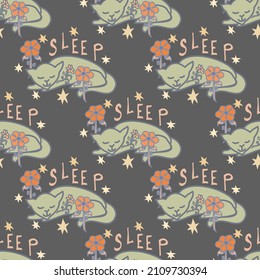 Sleeping curled up sand colored cats vector repeatable seamless pattern with orange flowers on a chocolate brown background
