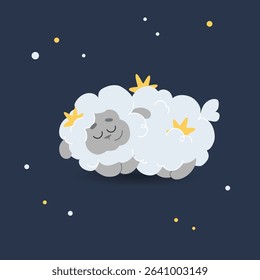 Sleeping curly sheep. Cute fluffy resting character. Counting sheep before bed