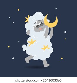 Sleeping curly sheep. Cute fluffy resting character. Counting sheep before bed
