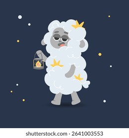 Sleeping curly sheep with a lamp in its paw. Cute fluffy character. Counting sheep before bed