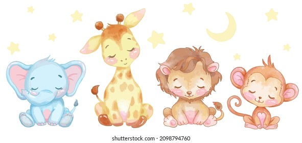 Sleeping Cute Baby Animals With Vector Illustration