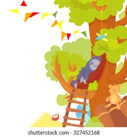Sleeping cute baby sloth in the tree house. Vector illustration