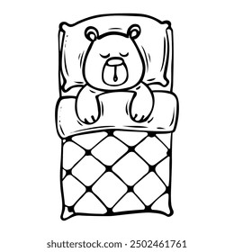 Sleeping cute bear in bed hand drawn doodle. Pillow and blanket. Time to sleep. Good night. Vector outline line art illustration.