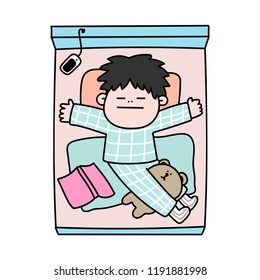 sleeping cute boy and his bear on bed.illustration vector