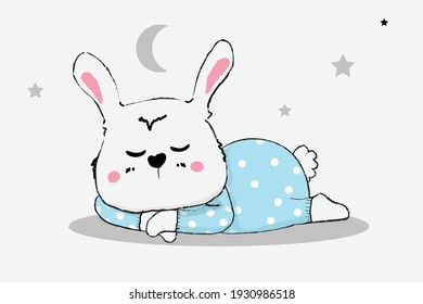 Sleeping  cute bunny and Stars in vector.baby rabbit of night.sweet dream animal cartoon.easter time.