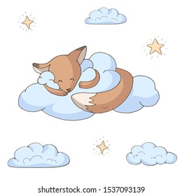 Sleeping cute cartoon fox hugging a cloud. Isolated objects on white background. Decor elements for kids (newborn and baby) products. Print for children's sleepwear and pajamas. Vector illustration. 