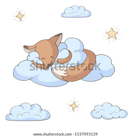 Sleeping cute cartoon fox hugging a cloud. Isolated objects on white background. Decor elements for kids (newborn and baby) products. Print for children's sleepwear and pajamas. Vector illustration. 