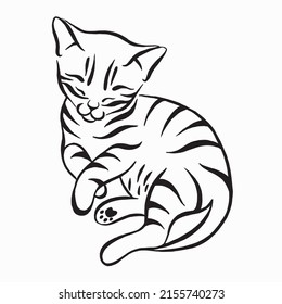 Sleeping cute cat black and white drawing. Vector illustration isolated  on white background of a  kitten. Tattoo design. 