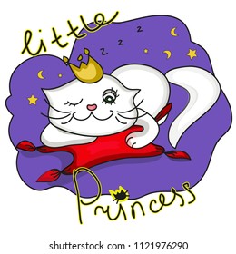 sleeping cute cat with a crown lying on a red pillow under the stars and the moon, little Princess