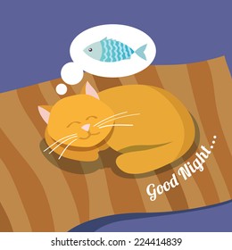 Sleeping cute cat dreaming about fish good night background poster vector illustration