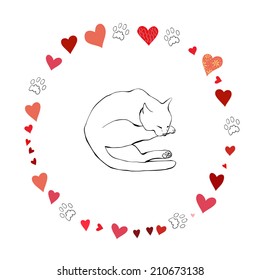 Sleeping cute cat surrounded by hearts