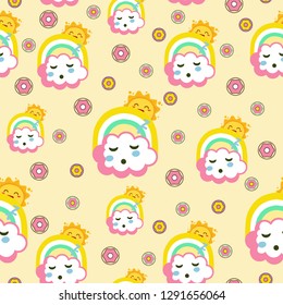 Sleeping cute cloud with funny sun, rainbow and donuts for kids seemless pattern