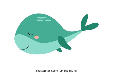 Sleeping cute funny green whale character, sea animal. Vector cartoon illustration for stickers, children's books, products, room decoration.