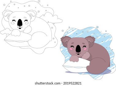Sleeping cute koala. Illustration for coloring book design. Coloring page and colorful clipart character. Vector colorful and outline animal on white background.   