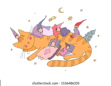 Sleeping cute little gnomes and a cat. Magic elves. Forest trolls. Time to sleep