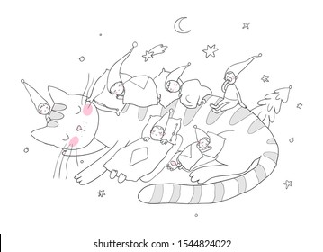 Sleeping cute little gnomes and a cat. Magic elves. Forest trolls. 