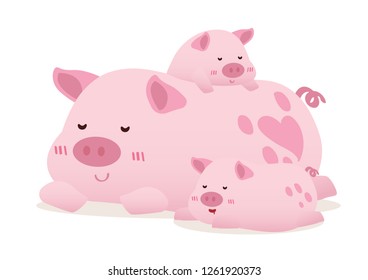 sleeping cute pig family