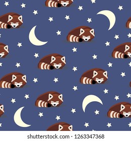 Sleeping cute red panda and night sky on blue background. Vector illustration. For wrapping paper, cloth.