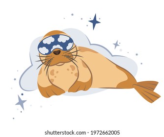 Sleeping cute seal. Dreaming concept art