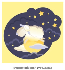 Dormir lindas ovejas en la luna en el cielo estrellado. Ilustración vectorial para tarjetas de felicitación, afiches.