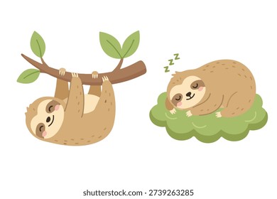 Sleeping Cute Sloth on Tree Branch and Grass, Lazy Sloth Character Napping, Relaxing Wildlife Animal Vector, Kawaii Sloth Mascot Set for bedtime