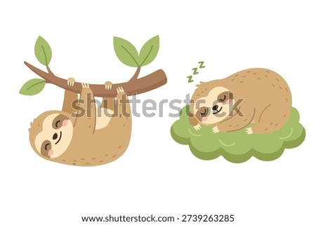 Sleeping Cute Sloth on Tree Branch and Grass, Lazy Sloth Character Napping, Relaxing Wildlife Animal Vector, Kawaii Sloth Mascot Set for bedtime